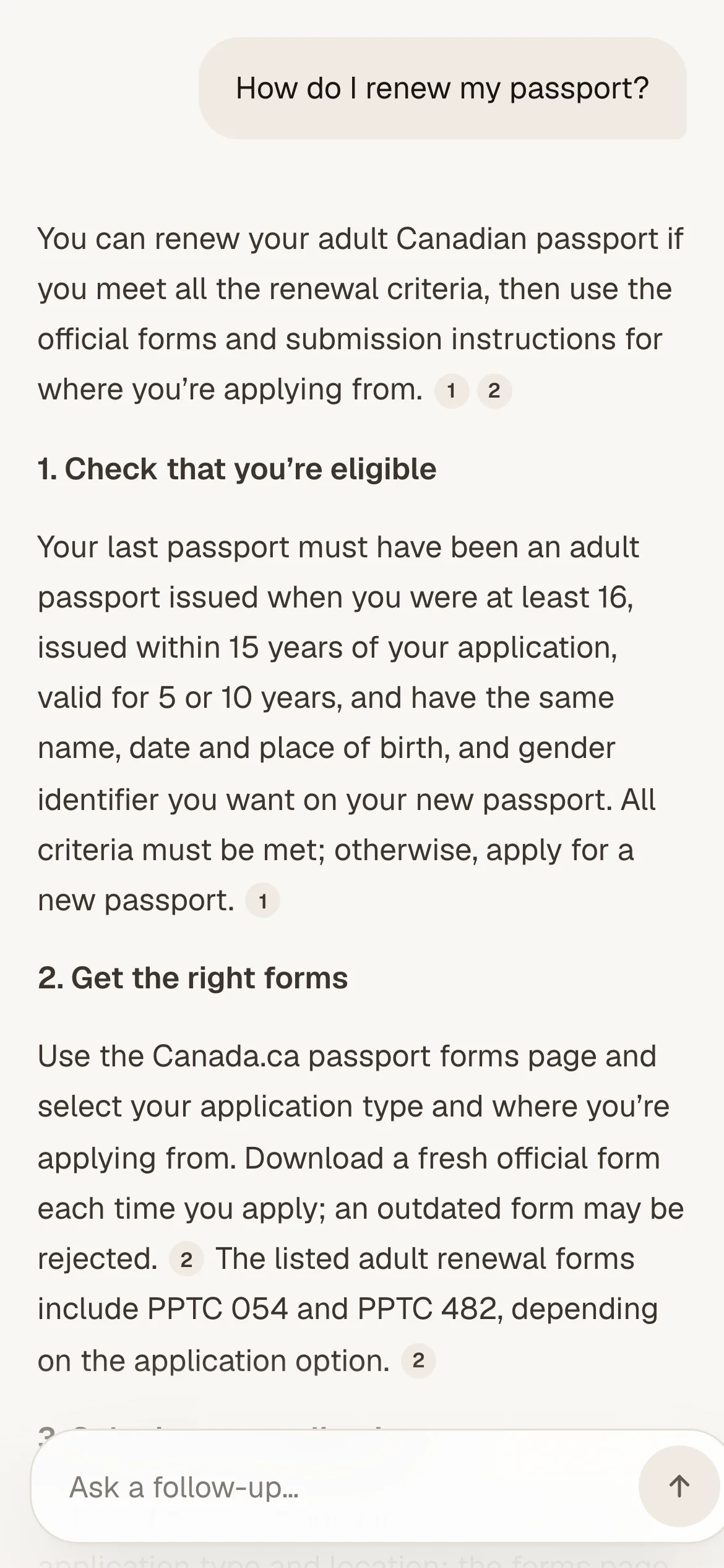 Ask Canada on a phone, answering "How do I renew my passport?" with numbered citations.