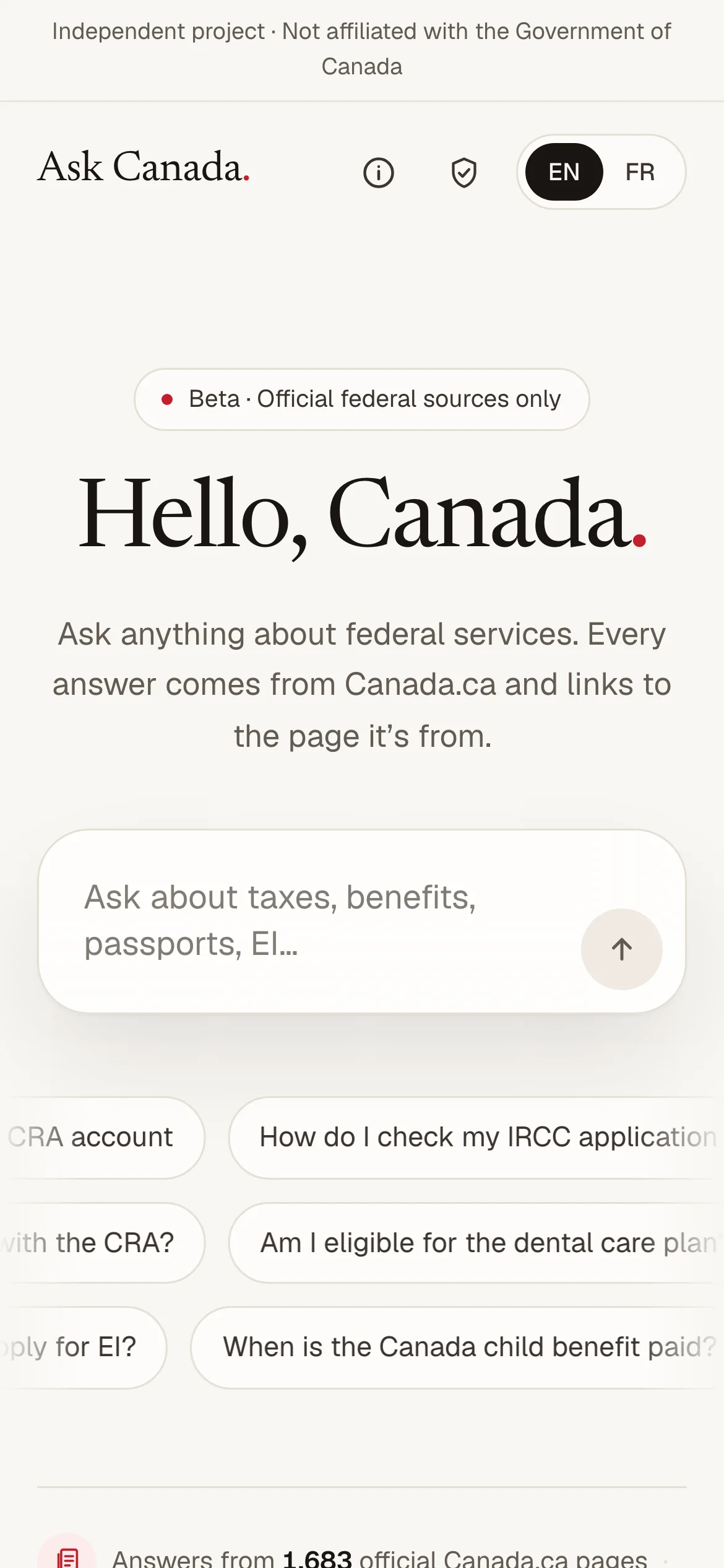 The Ask Canada home screen on a phone: a single question box and rows of example questions.