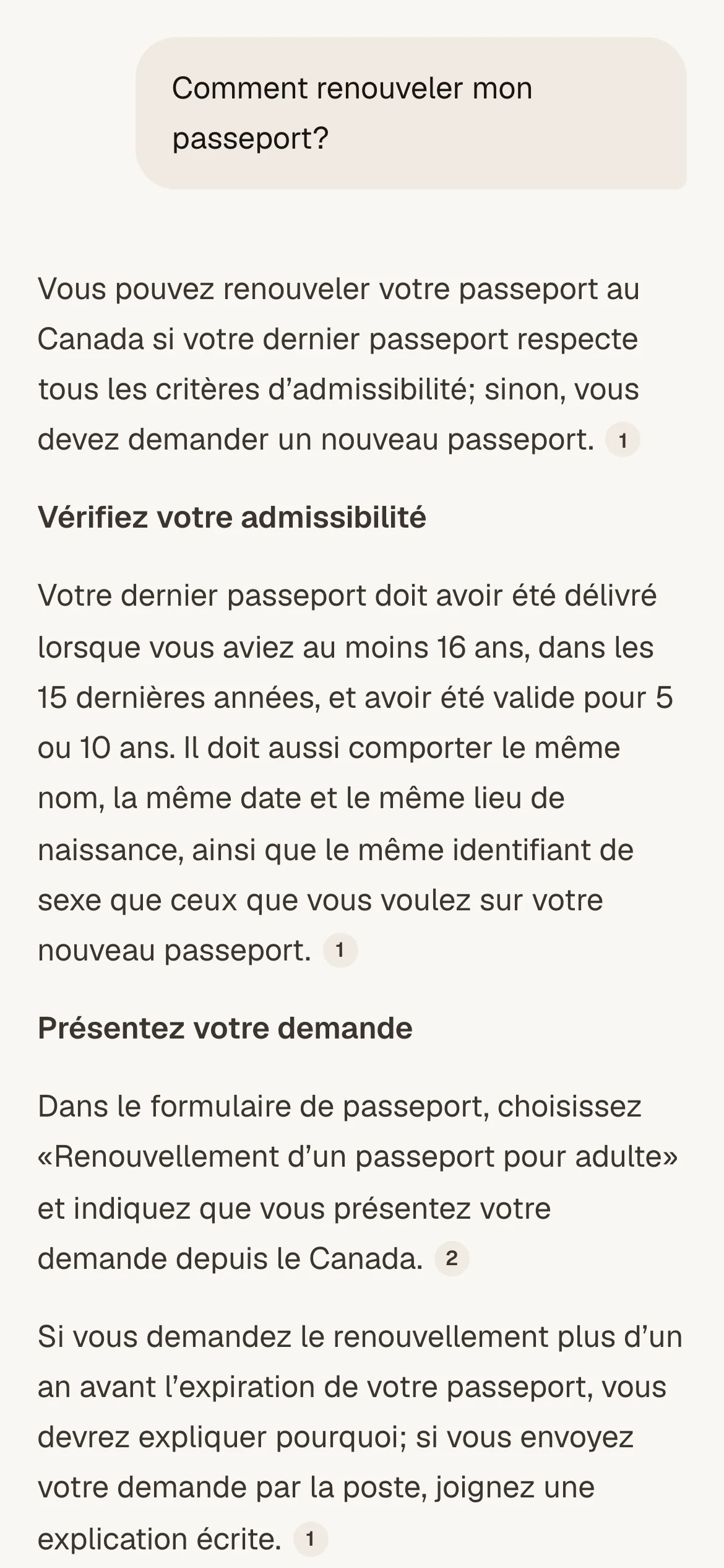 Ask Canada sur un téléphone, qui répond à « Comment renouveler mon passeport? » avec des citations numérotées.