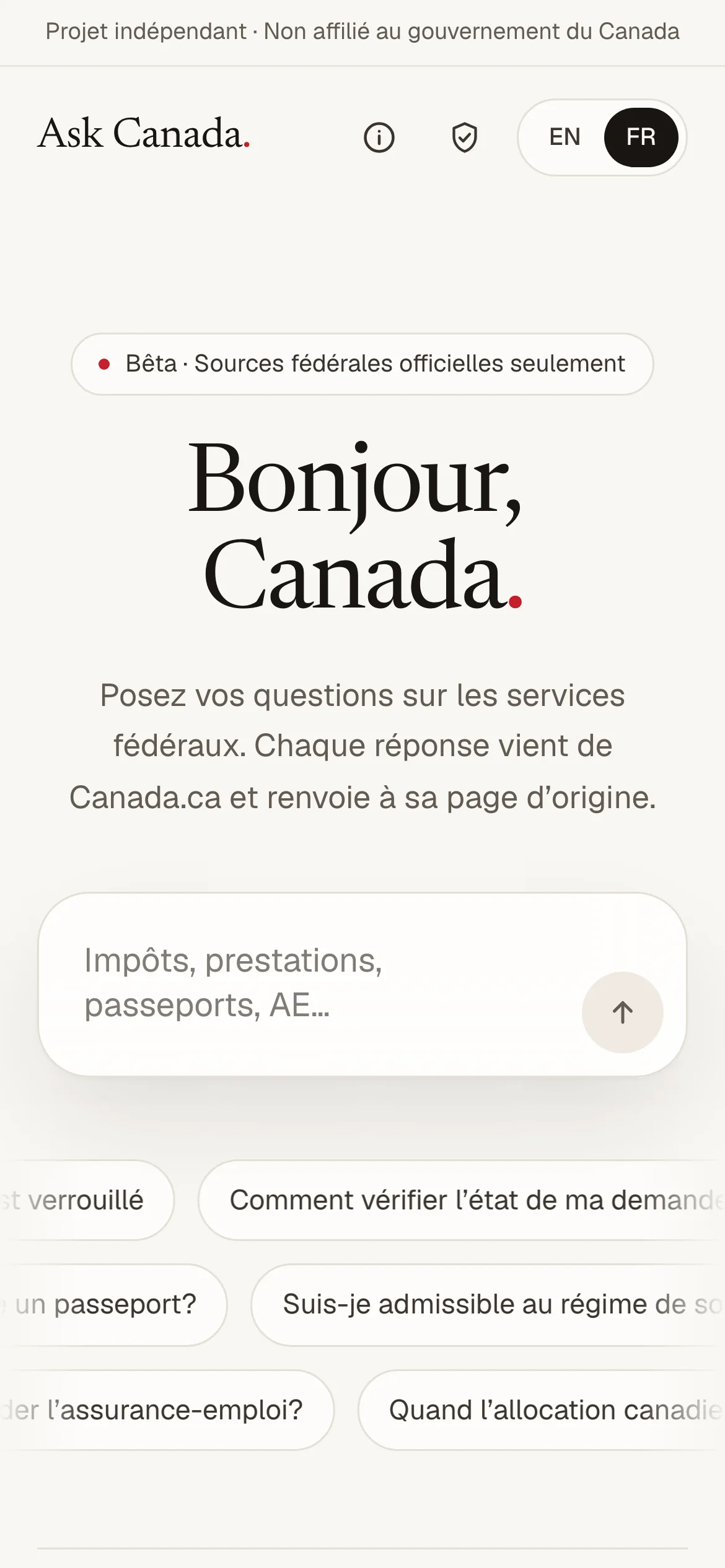 L’écran d’accueil de Ask Canada sur un téléphone: une seule boîte de question et des rangées d’exemples.